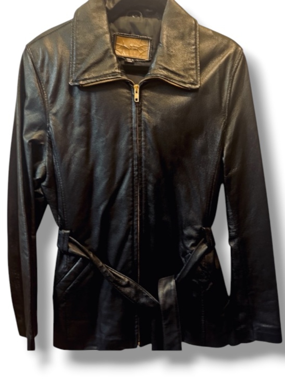 Alamo Uomo Women’s Genuine Leather Black Zip-up Belted Jacket 90’s Vintage Piece